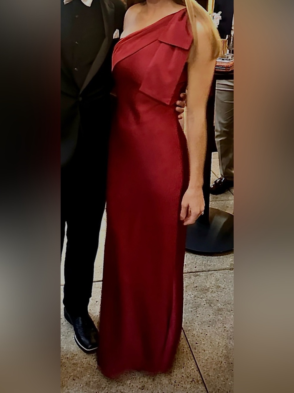 Azazie One-Shoulder Burgundy Satin Maxi Dress